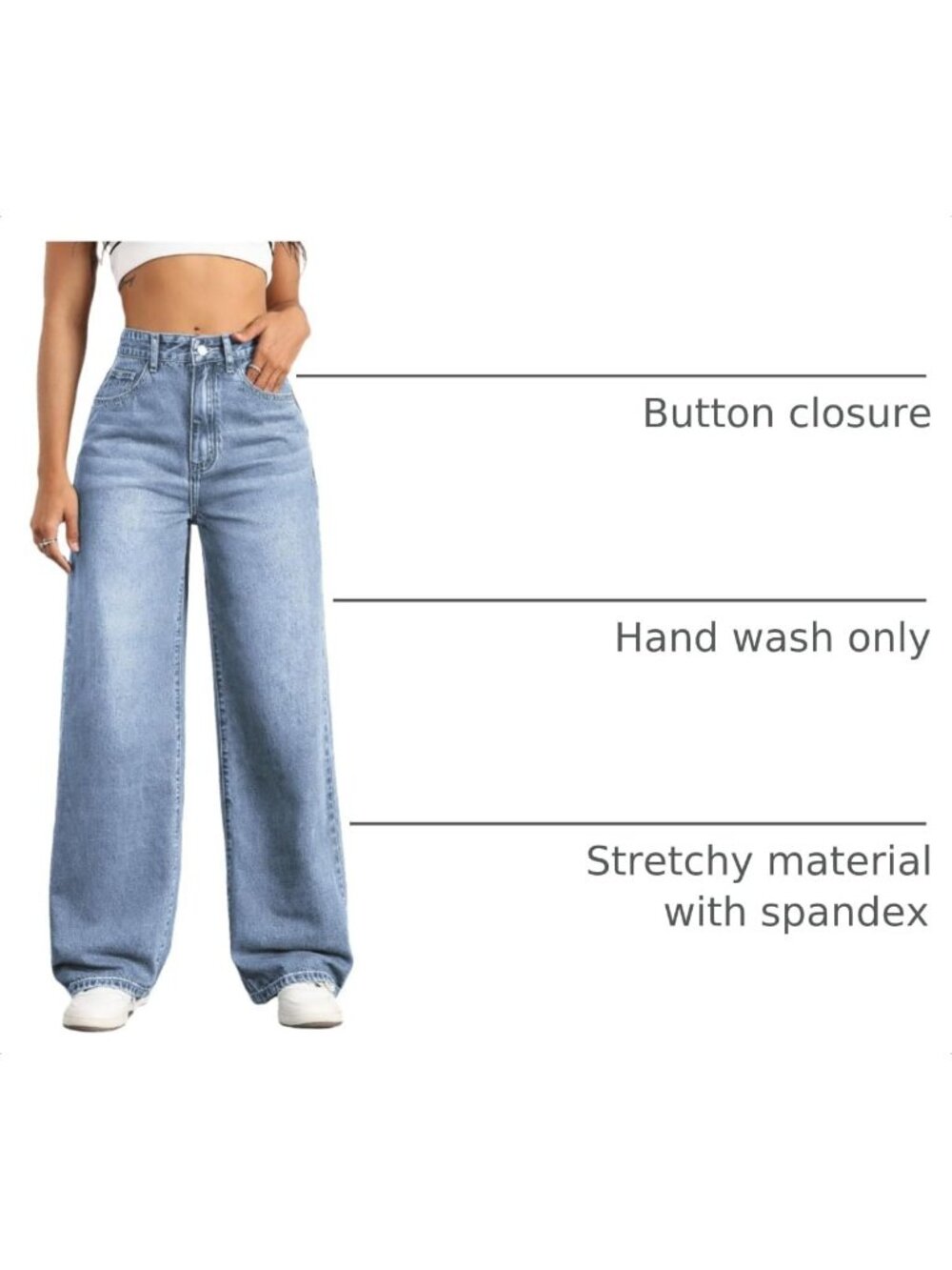 Women's Light Blue Baggy Trendy Five Pockets High Waisted Wide Leg Denim Pants - Picture 2 of 6